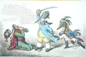 O Ministro Magnânimo Chastising Prussian Perfidy, publicado por Hannah Humphrey em 1806 (gravura colorida à mão) de James Gillray