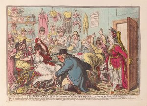 O homem do sentimento em busca de indispensáveis; uma cena no pequeno francês Milliners, pub. 1800 (gravura colorida à mão)