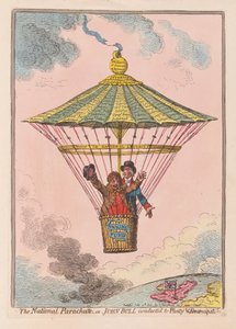 O pára-quedas nacional ou John Bull conduziu a abundância e a emancipação, bar. 1802 (gravura colorida à mão)