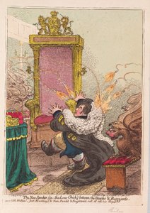 O novo orador, (ou seja, o Law-Chick) entre Hawks e Buzzards, pub. 1800 (gravura colorida à mão)