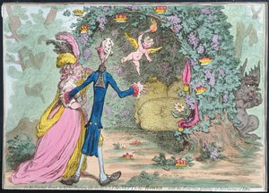 O pavilhão nupcial com o Mal-One espiando os encantos do Éden, publicado por Hannah Humphrey em 1797 (gravura à mão colorida)