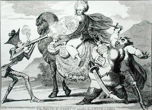 The Political Banditti Assailing the Saviour of India, publicado por W. Holland em 1786 (gravura) de James Gillray