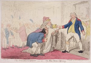 A Apresentação, ou Oferta dos Homens Sábios, publicada por Hannah Humphrey em 1796 (gravura à mão colorida)