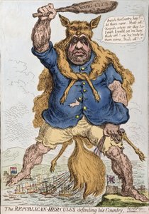 O Republicano-Hércules Defendendo seu País, publicado por Hannah Humphrey em 1797 (gravura à mão colorida)
