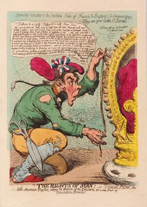 Os direitos do homem, ou Tomm Paine, o Little American Taylor tomando a medida da Coroa para um novo Par de Revolução Breeches, pub. 1791 (gravura colorida à mão) de James Gillray