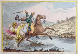 O som do chifre, ou o perigo de montar um velho caçador, publicado por Hannah Humphrey em 1807 (gravura à mão colorida)