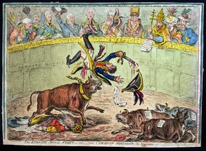 A luta de touro espanhola, ou o matador de Córsega em perigo, publicado por Hannah Humphrey em 1808 (gravura à mão colorida)