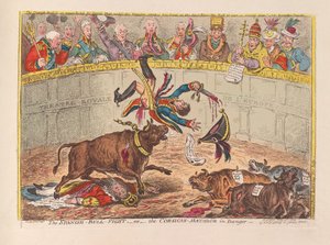 A luta de Bull espanhola ou o matador corso no perigo, bar. 1805 (gravura colorida à mão)