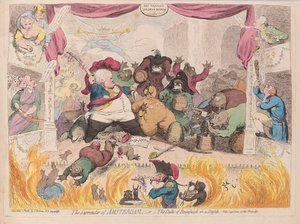 A Rendição de Amesterdão ou O Duque de Brunswick num Bustle, pub. 1787 (gravura colorida à mão) de James Gillray