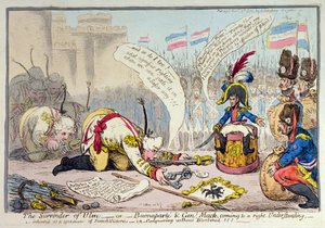 A rendição de Ulm, ou Buonaparte e General Mack chegando a um entendimento correto, publicado por Hannah Humphrey em 1805 (gravura à mão colorida)