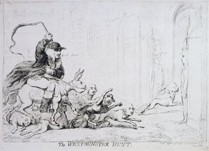 The Westminster Hunt, publicado por 1788 (gravura colorida à mão) de James Gillray