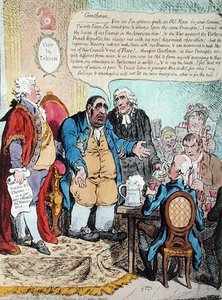 The Worn Out Patriot, ou O Último Discurso do Representante de Westminster na Reunião de Aniversário em 10 de outubro de 1800, realizada na Taberna Shakespeare, publicada por Hannah Humphrey em 1800 (gravura colorida à mão) de James Gillray