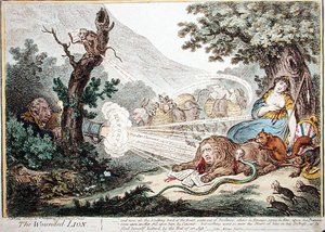 The Wounded Lion, publicado por Hannah Humphrey em 1805 (gravura colorida à mão) de James Gillray