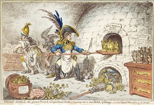 &39;Tiddy-Doll, o grande fabricante francês de biscoitos de gengibre, atraindo um novo grupo de reis. His Man, Hopping Talley, Mixing Up the Dough &39;, pub. por Hannah Humphrey, 23 de janeiro de 1806 (aquatinta) de James Gillray