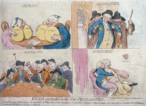 Vícios Negligenciados na Nova Proclamação, publicado por Hannah Humphrey, 1792 (gravura à mão colorida)