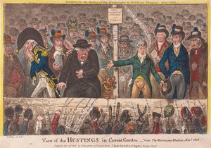 Vista do Hustings no jardim de Covent - a eleição novembro de 1806 de Westminster, bar. 1806 (gravura colorida à mão)