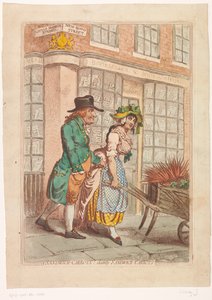 Mulher com um carrinho de mão de cenoura em frente à montra da livraria Robert Faulder em Londres
Cenouras-sanduíche! cenouras-sanduíche delicadas (título sobre o objecto) de James Gillray