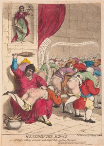Escola de Westminster ou Dr Busby, estabelecendo contas com o Mestre Billy e seus companheiros de brincadeira, pub. 1785 (gravura colorida à mão)