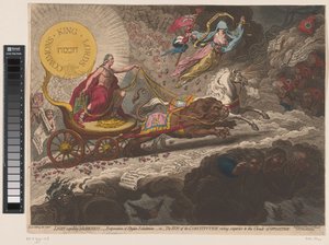 William Pitt verdijft de duistere krachten, 1795 Luz Expelindo escuridão, - evaporação de exalações estígias, - ou - O sol da constituição, subindo acima das nuvens de oposição (título no objeto) de James Gillray
