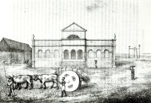 O Rio Exchange, um Trapiche Público, um Wagon Grass and the Gallows, ilustração de "Uma História do Brasil", de James Henderson, publicado em Londres em 1821 de James Henderson