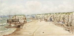 Brig encalhado em Marsden Rock (aquarela, bodycolour e lápis no papel no cartão)) de James Henry Cleet