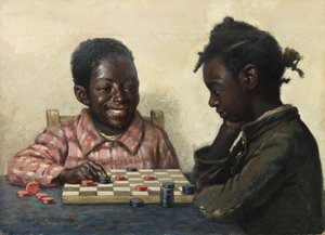 Duas crianças jogando damas sem título, no final do século XIX - início do século XX.