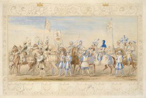 Continuação do séquito do Marquês de Waterford, Cavaleiro do Dragão e Visconde Alford, Cavaleiro do Leão Negro, 1839 (lápis, wc, guache e tinta dourada sobre papel) (ver também 366229)