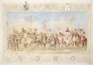 Walter Little Gilmour Esq., O Cavaleiro Negro e Hon. Edward Stafford Jerningham, Cavaleiro do Cisne, 1839 (lápis, wc e guache sobre papel) de James Henry Nixon