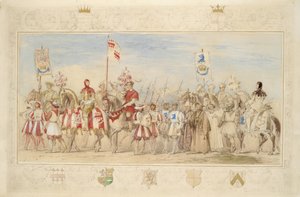 William Earl de Craven, Cavaleiro do Grifo e Henry de la Poer Beresford, marquês de Waterford, Cavaleiro do Dragão, 1839 (lápis, wc, guache e tinta dourada sobre papel) (ver também 366230) de James Henry Nixon