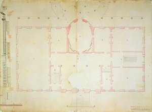 Plano da Casa dos Presidentes, Washington, 1792 (lavagem de tinta e lápis sobre papel) de James Hoban
