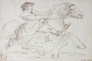 Um negociante de cavalos coloca um jovem Clydesdale em seus vestíbulos, 1830 (tinta sépia sobre papel)