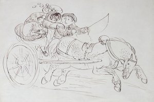 Casal em uma carruagem puxada por um cavalo (tinta sépia no papel)