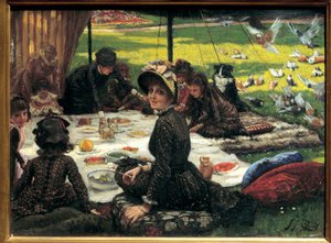 Pequeno-almoço na relva Cena cena do piquenique familiar. Pintura de Jacques Joseph (Jacques-Joseph) Tissot dit James Tissot (1836-1902) de James Jacques Joseph Tissot