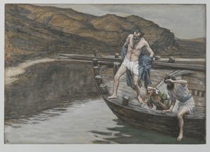 São Pedro Alertado por São João à Presença do Senhor Se entrega à água, ilustração da Vida de Nosso Senhor Jesus Cristo, 1886-94 (wc sobre grafite sobre papel)