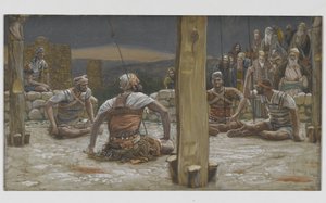 Os quatro guardas sentaram-se e assistiram-no, ilustração da vida de nosso senhor Jesus Cristo, 1886-94 (wc sobre o grafite no papel) de James Jacques Joseph Tissot