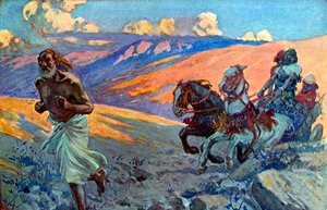 Elias corre diante da carruagem de Acabe - Bíblia de James Jacques Joseph after Tissot