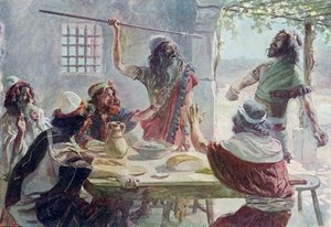 Saul lança um dardo em Jônatas - Bíblia de James Jacques Joseph after Tissot