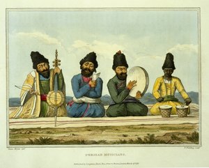 Músicos persas, de &39;Viagem pela Pérsia, Armênia e Ásia Menor, a Constantinopla, nos anos 1808 e 1809&39;, gravada por T. Fielding, publicada em 1816 de James Justinian Morier