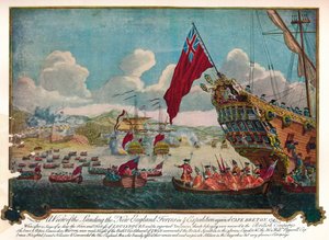 O desembarque de tropas da Nova Inglaterra na ilha de Cape Breton para atacar Louisbourg, 1747 de James L. Brooks