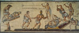 Um mosaico romano que mostra gladiadores a lutar com várias armas. Galleria Borghese...