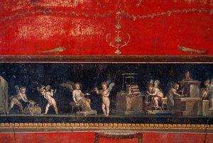 Afresco descoberto em Pompeia mostra querubins ourives a trabalhar. Pompeia, Itália.