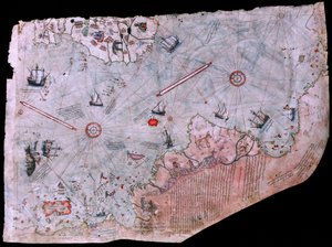 O mapa de Piri Reis Haritasi, concluído em 1513. MUSEU DO PALÁCIO TOPKAPI, ISTAMBUL, TURQUIA.