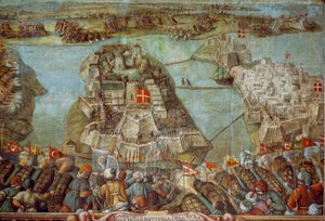 Este fresco retrata o cerco turco a Malta em 1565. Obra de arte. de James L Stanfield
