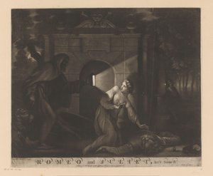 Julieta ajoelha-se junto ao corpo de Romeu e observa um monge com uma lanterna
Romeu e Julieta, Acto V. Cena IV. (título sobre o objecto) de James McArdell