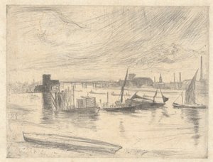 Battersea Dawn (Cadogan Pier), do Thames Set (uma série de dezesseis gravuras de cenas no Tamisa e outros assuntos) de James Abbott McNeill Whistler