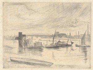 Amanhecer em Battersea (cais de Cadogan), da série do Tamisa (uma série de dezasseis águas-fortes de cenas no Tamisa e outros temas) de James McNeill Whistler