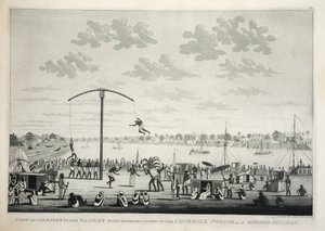 Vista nas margens do Ganges com representação do Churruck Poojah…, pub. gravura de 1810. de James Moffat