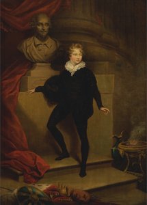 Mestre Betty como Hamlet, diante de um busto de Shakespeare de James Northcote