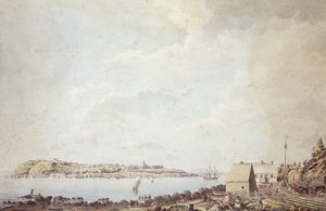 A View from the City of Quebec the Capital of Canada, Taken from the Ferry House on the Opposite Side of the River, 3rd October 1784 (caneta e tinta e aguarela sobre papel) de James Peachey