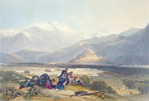 Bala Hissar e Cidade de Cabul com os Cantonments britânicos do Ba Maroo Hill, início das hostilidades, prato 16 de &39;Cenário, Habitantes e Costumes do Afeganistão&39;, gravado por R. Carrick (c.1
